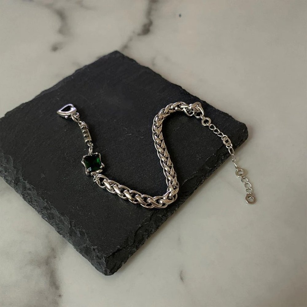 NEW Silver Vintage Green Square Zircon Thick Thain Bracelet - Picture 3 of 7